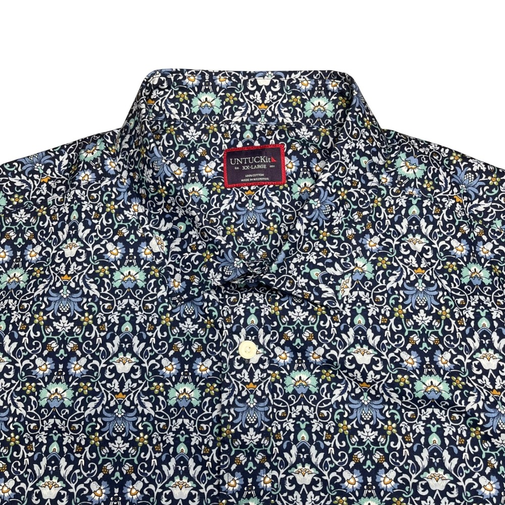 UNTUCKit Alverdi Button Down Shirt Mens XXL Blue Floral Damask Short Sleeve